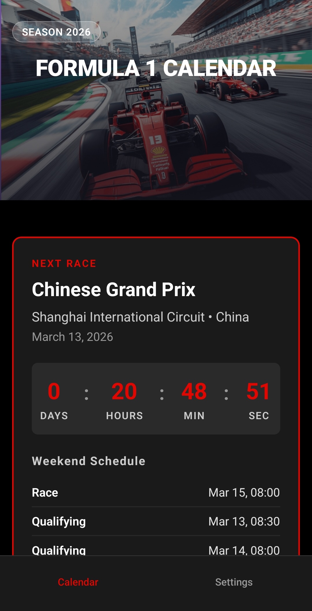 Capture de l'application Formula Calendar — calendrier de la saison de Formule 1